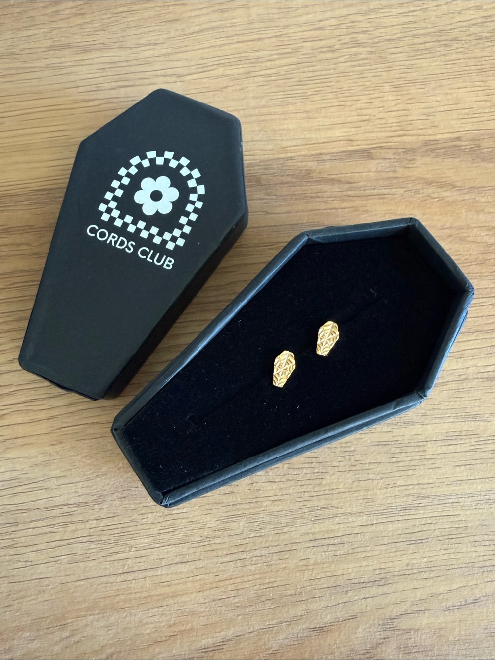 NWT Cords Club Halloween Gold Coffin Stud Flat Back Earrings Spider Web Detail
